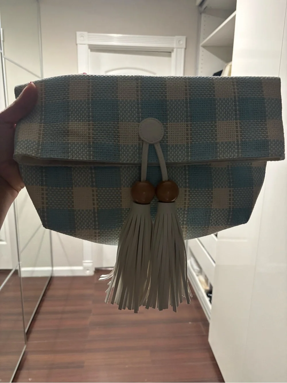 Anthropologie Light Blue and White Check Tassel Clutch with Wooden Beads